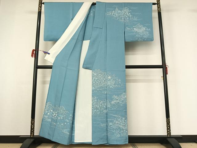 平和屋着物▽訪問着 単衣 刺繍 風景花文 銀糸 正絹 逸品 AABG7745jh