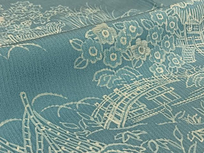 平和屋着物▽訪問着 単衣 刺繍 風景花文 銀糸 正絹 逸品 AABG7745jh