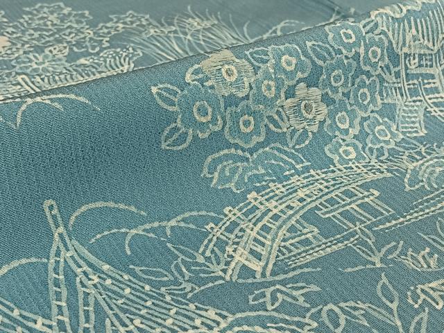 平和屋着物▽訪問着 単衣 刺繍 風景花文 銀糸 正絹 逸品 AABG7745jh