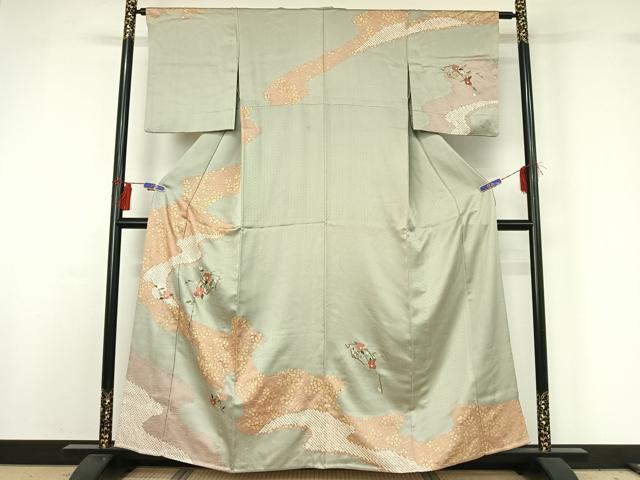 平和屋着物▽訪問着 単衣 絞り 刺繍 地紙花文 金彩 正絹 逸品 AABG7750jh