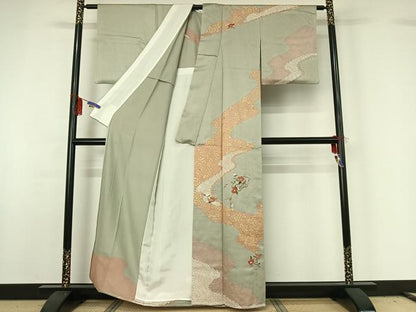 平和屋着物▽訪問着 単衣 絞り 刺繍 地紙花文 金彩 正絹 逸品 AABG7750jh
