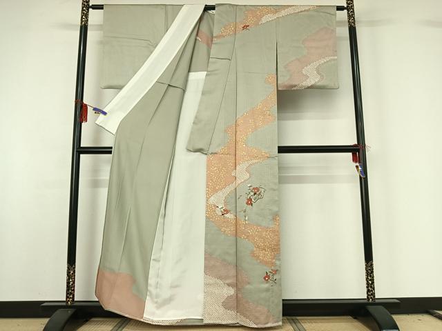 平和屋着物▽訪問着 単衣 絞り 刺繍 地紙花文 金彩 正絹 逸品 AABG7750jh