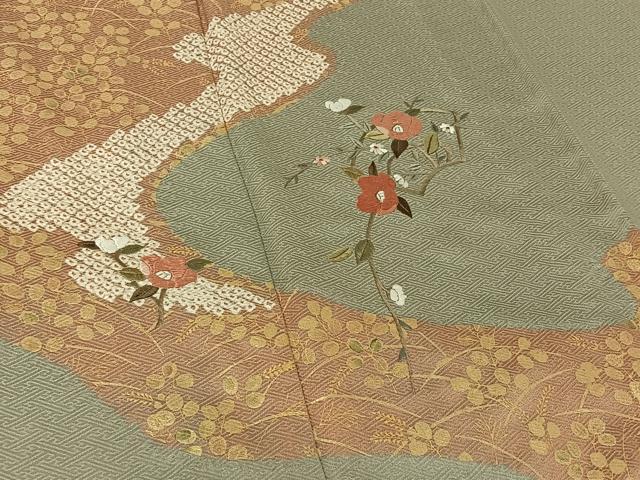平和屋着物▽訪問着 単衣 絞り 刺繍 地紙花文 金彩 正絹 逸品 AABG7750jh