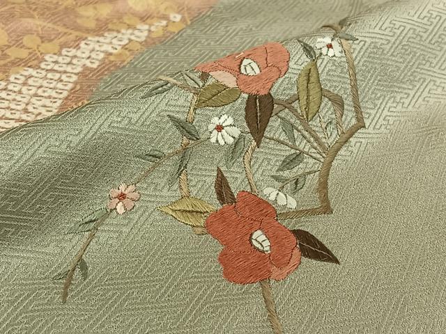 平和屋着物▽訪問着 単衣 絞り 刺繍 地紙花文 金彩 正絹 逸品 AABG7750jh