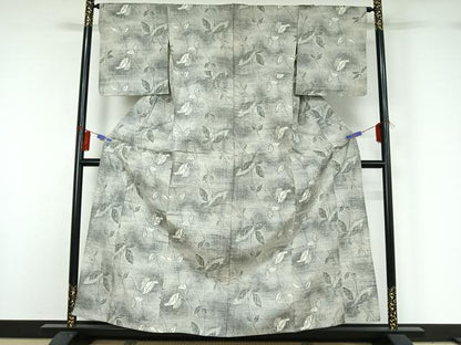 平和屋着物▽上質な紬 単衣 枝葉文 正絹 逸品 AABG7758jh
