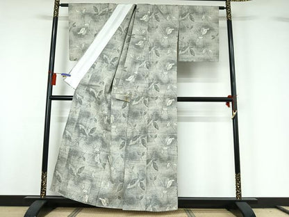 平和屋着物▽上質な紬 単衣 枝葉文 正絹 逸品 AABG7758jh
