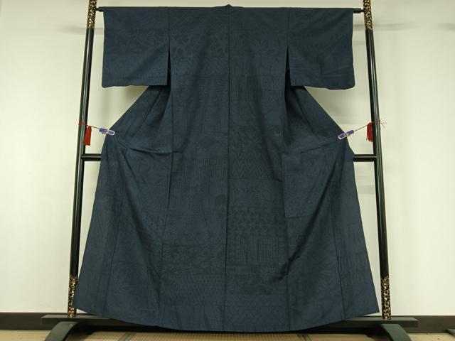 平和屋着物▽本塩沢 単衣 110亀甲 横段吉祥花文 正絹 逸品 AABG7767jh