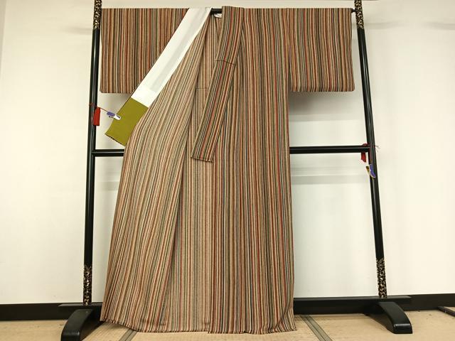 平和屋着物▽上質な小紋 単衣 縞 鬼しぼ縮緬 正絹 逸品 AABG7768jh