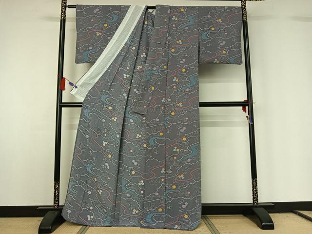 平和屋着物▽小紋　単衣　立波花蝶文　鬼しぼ縮緬　洗える着物　AABG7769jh