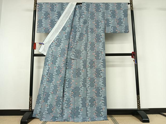 平和屋着物▽上質な小紋 単衣 枝梅文 鬼しぼ縮緬 正絹 逸品 AABG7770jh
