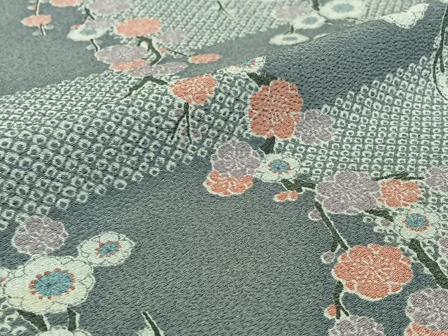 平和屋着物▽上質な小紋 単衣 枝梅文 鬼しぼ縮緬 正絹 逸品 AABG7770jh