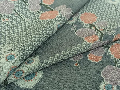 平和屋着物▽上質な小紋 単衣 枝梅文 鬼しぼ縮緬 正絹 逸品 AABG7770jh