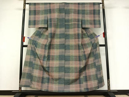 平和屋着物▽上質な紬 単衣 格子 正絹 逸品 AABG7771jh
