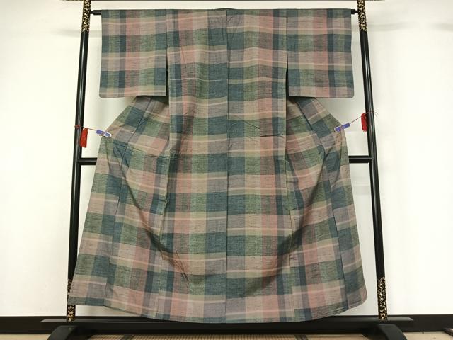 平和屋着物▽上質な紬 単衣 格子 正絹 逸品 AABG7771jh