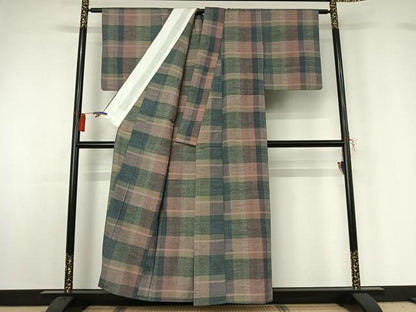 平和屋着物▽上質な紬 単衣 格子 正絹 逸品 AABG7771jh