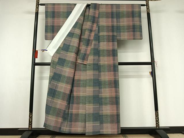 平和屋着物▽上質な紬 単衣 格子 正絹 逸品 AABG7771jh