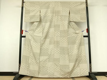 平和屋着物▽上質な紬　単衣　横段吉祥文　正絹　逸品　AABG7774jh