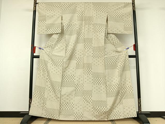 平和屋着物▽上質な紬　単衣　横段吉祥文　正絹　逸品　AABG7774jh