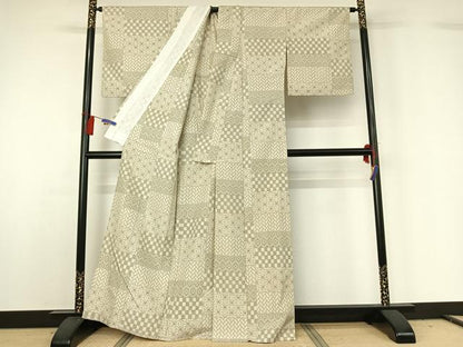 平和屋着物▽上質な紬　単衣　横段吉祥文　正絹　逸品　AABG7774jh