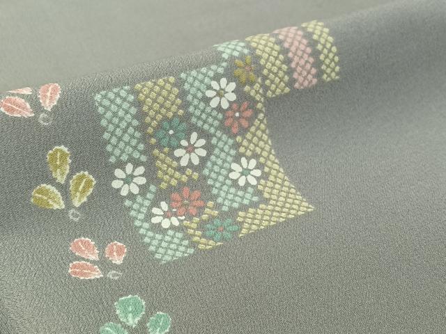 平和屋着物▽小紋 単衣 草花文 洗える着物 AABG7776jh