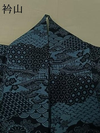 平和屋着物▽阿波藍染 阿波友禅 徳島県無形文化財保持者 香川卓美 小紋 単衣 型染め 風景花文 正絹 逸品 AABG7781jh