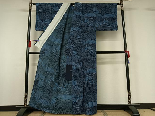 平和屋着物▽阿波藍染 阿波友禅 徳島県無形文化財保持者 香川卓美 小紋 単衣 型染め 風景花文 正絹 逸品 AABG7781jh
