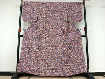 平和屋着物▽上質な小紋 単衣 型染め 風景花文 正絹 逸品 AABG7790jh