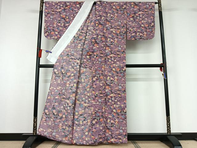平和屋着物▽上質な小紋 単衣 型染め 風景花文 正絹 逸品 AABG7790jh