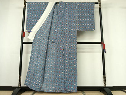 平和屋着物▽上質な小紋 単衣 幾何学文様 鬼しぼ縮緬 正絹 逸品 AABG7792jh
