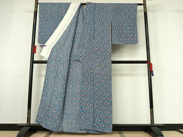 平和屋着物▽上質な小紋 単衣 幾何学文様 鬼しぼ縮緬 正絹 逸品 AABG7792jh