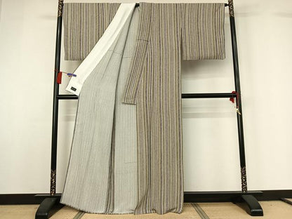 平和屋着物▽上質な小紋 単衣 縞 正絹 逸品 AABG7793jh