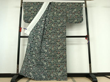 平和屋着物▽上質な小紋　単衣　型染め　宝尽くし文　正絹　逸品　AABG7795jh