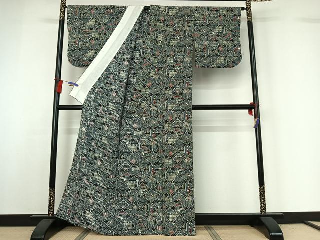 平和屋着物▽上質な小紋　単衣　型染め　宝尽くし文　正絹　逸品　AABG7795jh