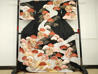 平和屋着物●訪問着　雪輪花松文　黒地　金彩　正絹　逸品　AABG7801cs