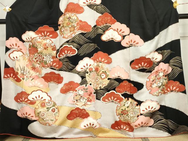 平和屋着物●訪問着　雪輪花松文　黒地　金彩　正絹　逸品　AABG7801cs