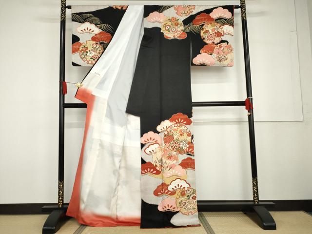 平和屋着物●訪問着　雪輪花松文　黒地　金彩　正絹　逸品　AABG7801cs
