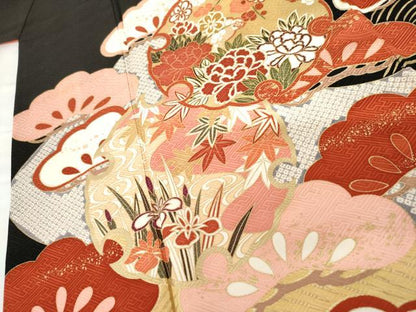 平和屋着物●訪問着　雪輪花松文　黒地　金彩　正絹　逸品　AABG7801cs