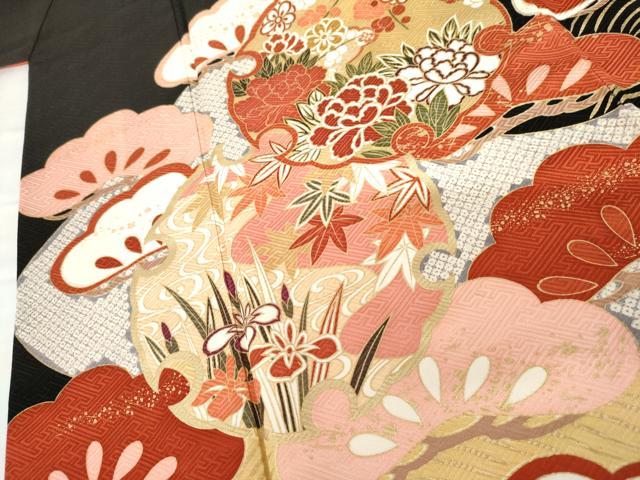 平和屋着物●訪問着　雪輪花松文　黒地　金彩　正絹　逸品　AABG7801cs