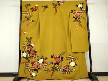 平和屋着物●豪華振袖　駒刺繍　吉祥草花文　金彩　正絹　逸品　AABG7806cs