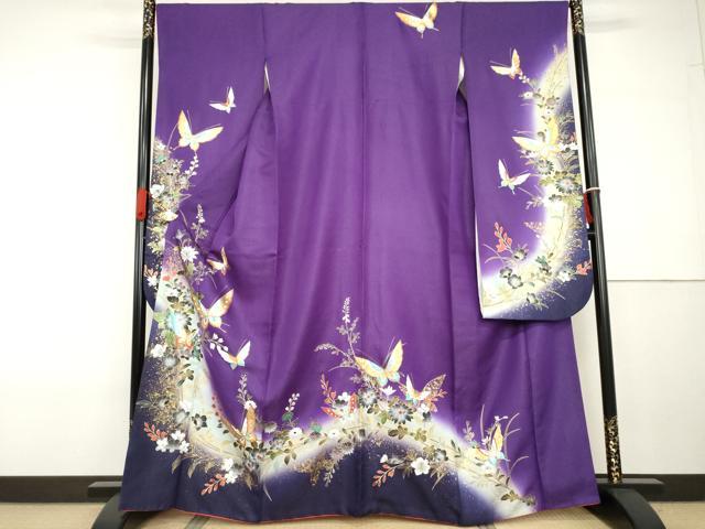 平和屋着物●豪華振袖　花蝶文　暈し染め　金彩　銀通し地　正絹　逸品　AABG7812cs