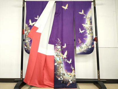 平和屋着物●豪華振袖　花蝶文　暈し染め　金彩　銀通し地　正絹　逸品　AABG7812cs