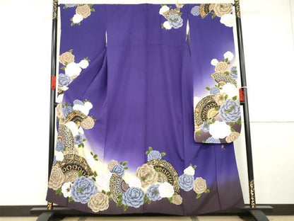 平和屋着物●忠隅眞理子　振袖　檜扇草花文　薔薇　暈し染め　金彩　正絹　逸品　AABG7830cs