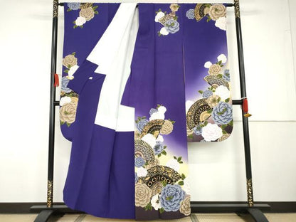 平和屋着物●忠隅眞理子　振袖　檜扇草花文　薔薇　暈し染め　金彩　正絹　逸品　AABG7830cs