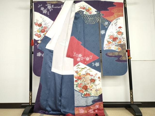 平和屋着物●豪華振袖　駒刺繍　絞り　御所車草花文　金糸　金彩　ロング丈　正絹　逸品　AABG7831cs
