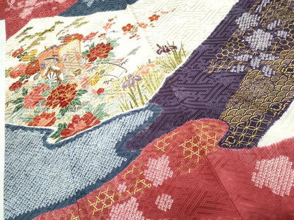 平和屋着物●豪華振袖　駒刺繍　絞り　御所車草花文　金糸　金彩　ロング丈　正絹　逸品　AABG7831cs