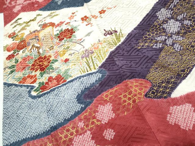 平和屋着物●豪華振袖　駒刺繍　絞り　御所車草花文　金糸　金彩　ロング丈　正絹　逸品　AABG7831cs