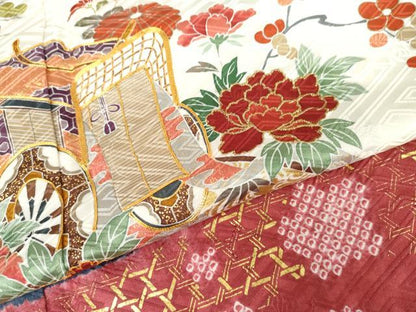 平和屋着物●豪華振袖　駒刺繍　絞り　御所車草花文　金糸　金彩　ロング丈　正絹　逸品　AABG7831cs