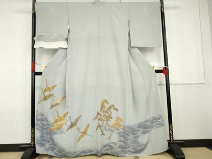 平和屋着物●創業460年・千總　色留袖　寿鶴飛翔　金銀糸　金彩　反端付き　浜ちりめん　正絹　逸品　AABG7839cs