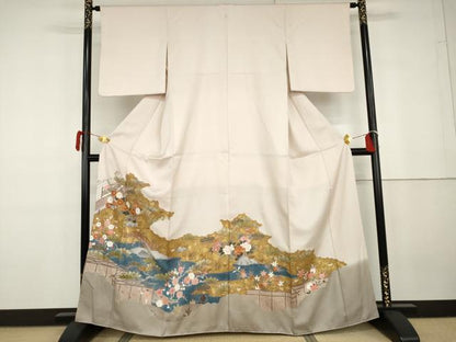 平和屋着物●豪華色留袖　友禅　駒刺繍　渡り橋松竹梅風景文　金彩　正絹　逸品　AABG7841cs