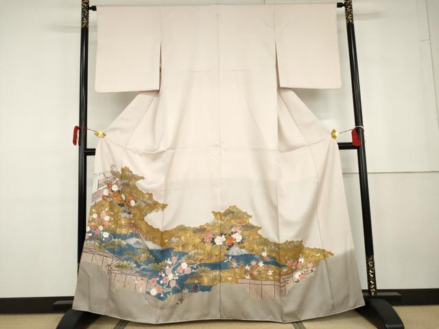 平和屋着物●豪華色留袖　友禅　駒刺繍　渡り橋松竹梅風景文　金彩　正絹　逸品　AABG7841cs
